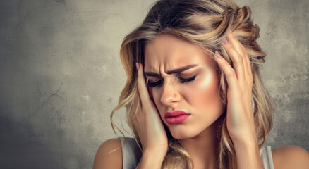 Wall Mural - A woman suffering from pain, holding her head in pain and crying, with closed eyes against a gray background