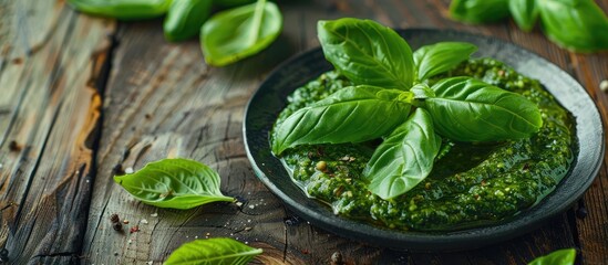 Wall Mural - Dark wooden background with a plate of pesto sauce and fresh basil leaves allowing for copy space image