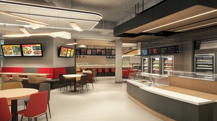 Poster - A vibrant dining area showcases diverse seating options and menu boards, inviting guests to enjoy a casual meal in a contemporary setting.