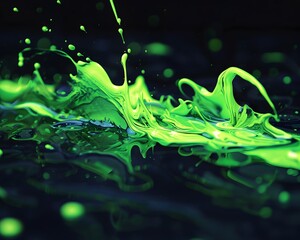 Poster - Vibrant green paint splash against a dark background, capturing dynamic energy and movement in abstract art form.