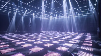 Aufkleber - Illuminated checkered floor with geometric lights in a large empty space