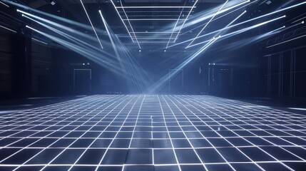 Aufkleber - Illuminated Grid Floor in a Dark Room with Spotlight Beams