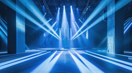 Aufkleber - Blue Light Beams Illuminating Empty Stage with Concrete Pillars