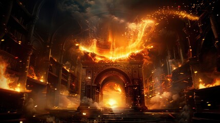 a fiery entrance to a building with a dragon in the center