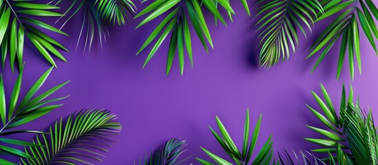 Poster - coconut leaves pattern on a purple abstract summer concept background ideal for showcasing copy spac