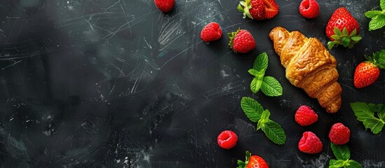 Sticker - A top view image of a black chalkboard decorated with a croissant strawberries raspberries and mint for a food themed background suitable for menus cafes and restaurants with ample copy space