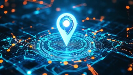 Poster - A digital map displays a location marker against a network of glowing lines and points, representing urban navigation and connectivity.