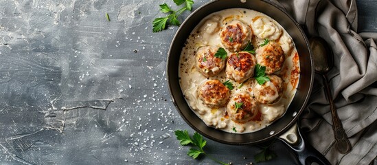 Poster - Swedish meatballs in creamy sauce on a skillet against a gray backdrop seen from above with space for text or images. Copy space image. Place for adding text and design