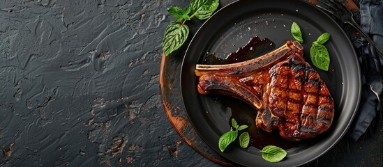 Wall Mural - Top view of a BBQ pork T bone chop steak on a plate with a black background featuring a copy space image