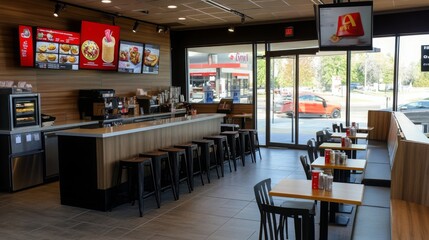 Aufkleber - A modern fast-food restaurant features a counter with a menu display, seating area, and large windows letting in natural light.