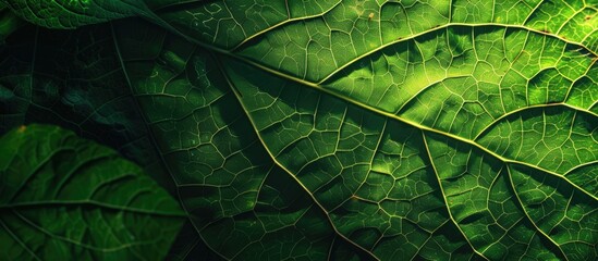 Poster - Vivid green teak leaf with detailed texture and patterns under sunlight perfect for copy space image