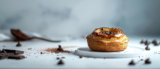 Poster - Brighten your recipe article or commercial use with a pan au chocolat pastry displayed on a white table creating an ideal copy space image