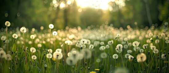 Wall Mural - Nature's dandelion-filled meadow with focused blooms, offering blurred surroundings for a copy space image.