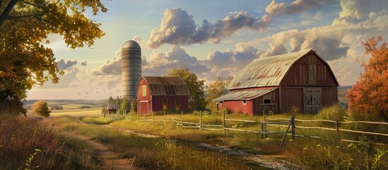 Canvas Print - Farm landscape with a collection of barns and a silo ideal for copy space image