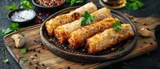 Canvas Print - Capture the essence of Arabic cuisine with delectable meat rolls a common fast food showcased in a top down image with ample room for your recipe or promotional message