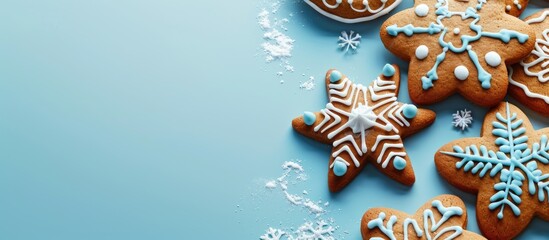 Poster - Gingerbread cookies with Christmas decoration displayed on a light blue backdrop with copy space image