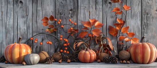 Canvas Print - Autumn themed arrangement featuring pumpkins viburnum and acorns on a grey wooden backdrop with a copy space image