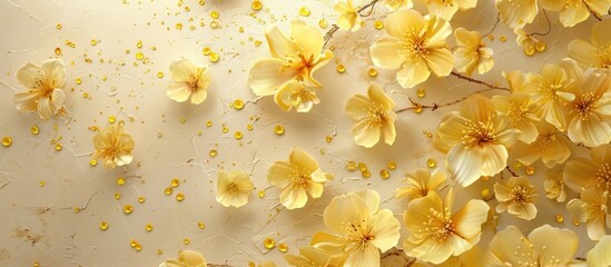 Sticker - Top view of yellow blossoms against a beige backdrop ideal for copy space image