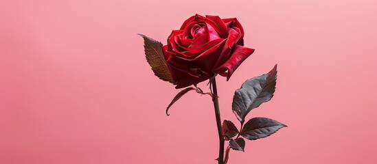 Poster - A red rose displayed against a soft pink background with clear negative space for added impact in the copy space image