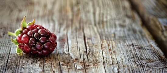 Poster - One ripe blackberry placed on a weathered wooden tabletop with ample copy space image