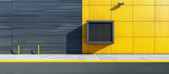 Side view of an industrial factory entrance with yellow concrete steel louver ventilation and gray aluminum corrugated wall showing copy space image