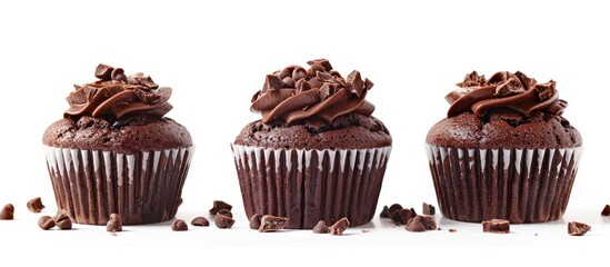 Poster - Three chocolate muffins displayed on a white backdrop with a blank area for text or graphics Moist and fluffy homemade chocolate treats. Copy space image. Place for adding text and design