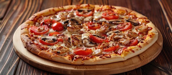 Wall Mural - A detailed image of a pizza with chicken mushrooms and tomato slices on a wooden board in a copy space image