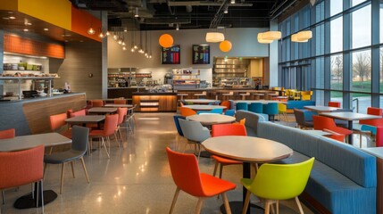 Aufkleber - A bright and inviting cafeteria features colorful furniture, large windows allowing natural light, and a neatly arranged serving area.