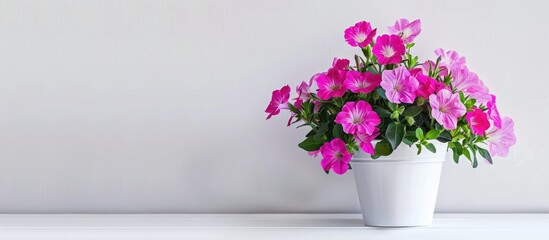 Wall Mural - Petunia plant in pot blooming with vibrant summer flowers on a white background with copy space image.