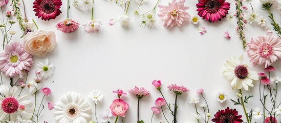 Wall Mural - Top view of various fresh flowers arranged to form a frame on a white background with copy space image.