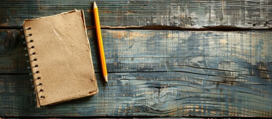 Wall Mural - Rustic wood background with a notebook, pencil, and ample copy space image.