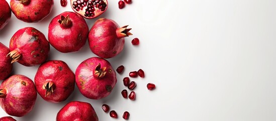 Red pomegranates set against a blank white backdrop with ample copy space image.