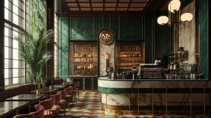 Aufkleber - The interior features a stylish bar with marble counter, ornate shelves stocked with spirits, and chic seating under soft lighting.