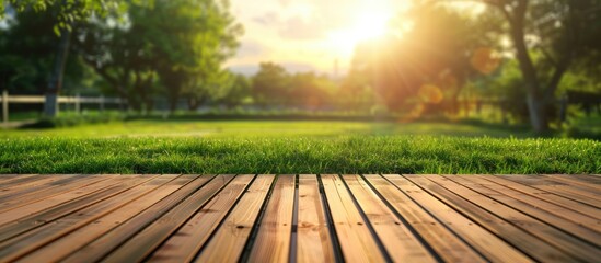 Wall Mural - Terrace with green lawn on wooden floor texture showcasing copy space image.