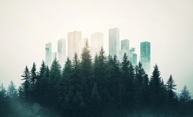 Wall Mural - An aerial view of lush green forest and modern skyscrapers, showing the green concept of a city. Stock photo.