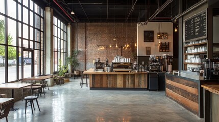Poster - The spacious coffee shop features large windows allowing natural light, rustic wooden tables, and a stylish counter with coffee-making equipment, creating a warm atmosphere for patrons.