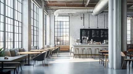 Poster - A spacious cafe features large windows allowing natural light, sleek furniture, and a stylish counter area with a menu board.