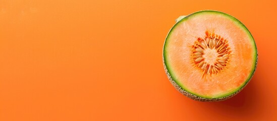 Wall Mural - Fresh melon half creatively arranged on an orange background in a flat lay style, providing a top view with space for additional images.