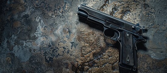 Top view of a black firearm resting on a stone table with copy space image.