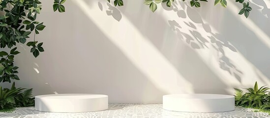 Mockup of two round podiums on a white stage with fresh green leaves, mosaic tiles, and hard lighting, ideal for cosmetic product presentations in a beauty fashion theme with copy space image.