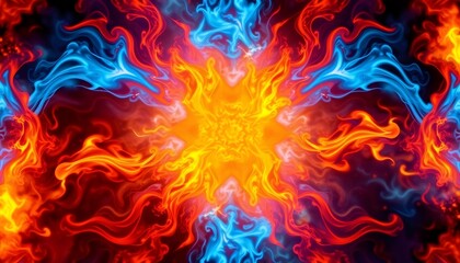 Wall Mural - Abstract colorful digital art with red, orange, blue, and yellow swirls forming a starburst.