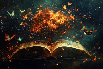 Poster - Book open with magical green trees and rays of light on a wooden deck. AI illustration drawn in generative mode