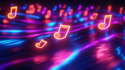 Poster - 3D Floating Neon Musical Notes with Abstract Digital Waves and Ambient Lighting