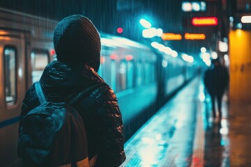 A person is standing at a train station with a backpack on, somewhat lonely and contemplative