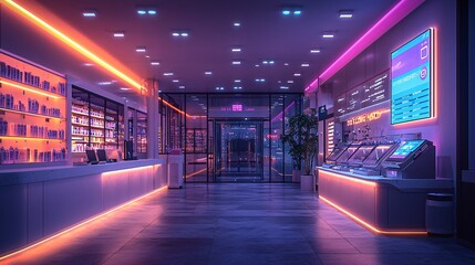 High-Tech Prescription Dispensary: A futuristic dispensary room equipped with automated prescription filling machines and digital displays.