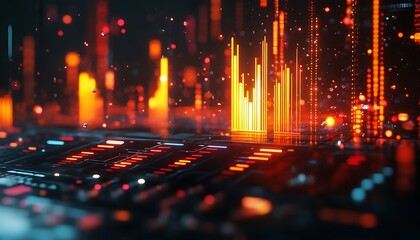 Poster - 3D Digital Equalizer Visualization with Floating Light Particles and Futuristic Circuitry