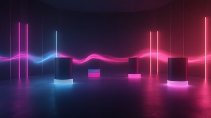 Poster - 3D Rotating Speakers Emitting Sound Waves with Colorful Lights in Minimalist Dark Background