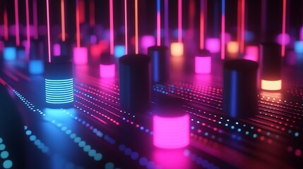 Poster - 3D Rotating Speakers Emitting Sound Waves with Colorful Lights in Minimalist Dark Background