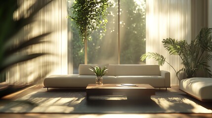 Poster - 3D-Rendered Modern Living Room with Minimalist Design and Soft Ambient Lighting