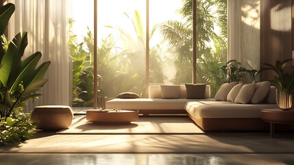 Poster - 3D-Rendered Modern Living Room with Minimalist Design and Soft Ambient Lighting